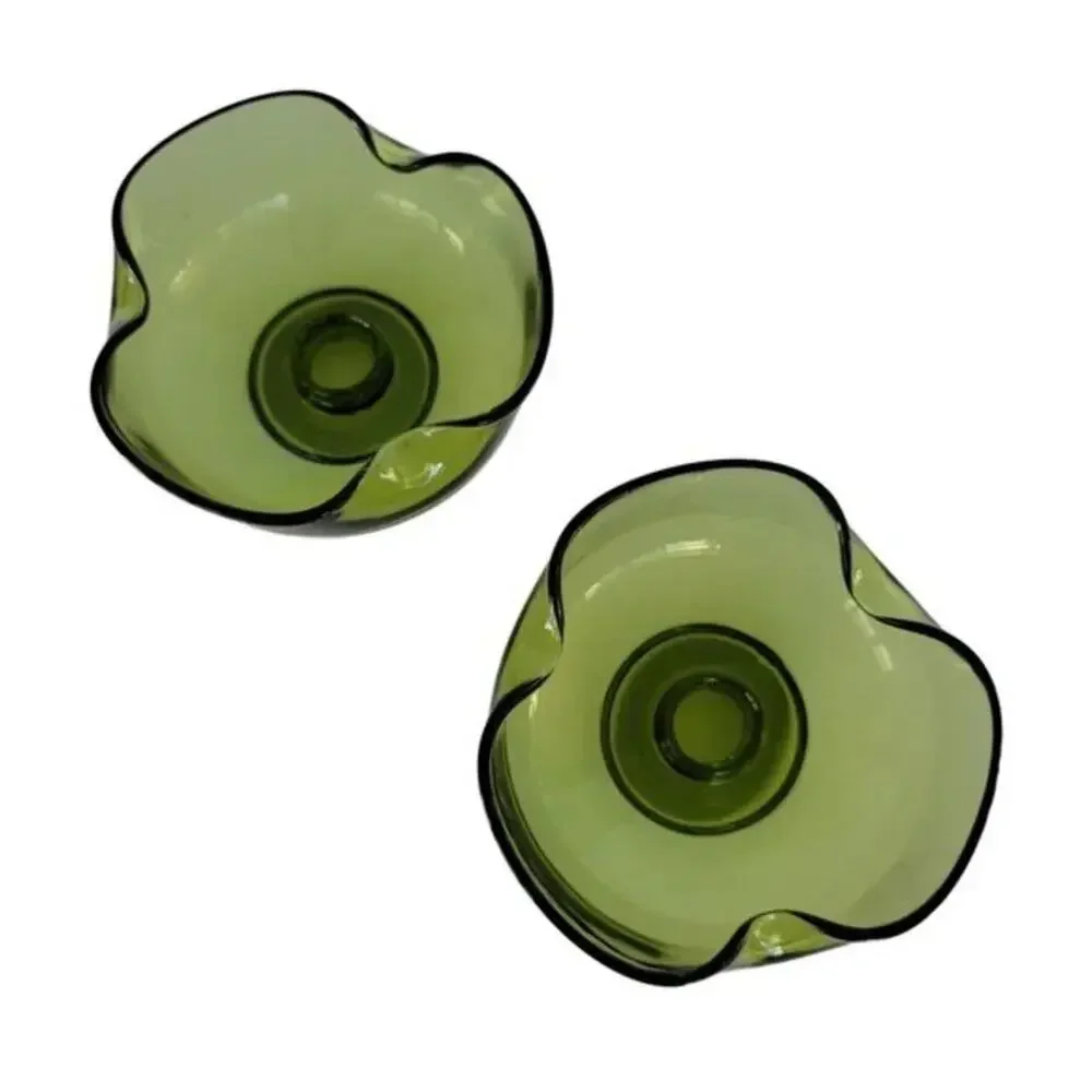 Vintage Green Glass Candle Holders Set of 2 Organic Wavy Retro Decor